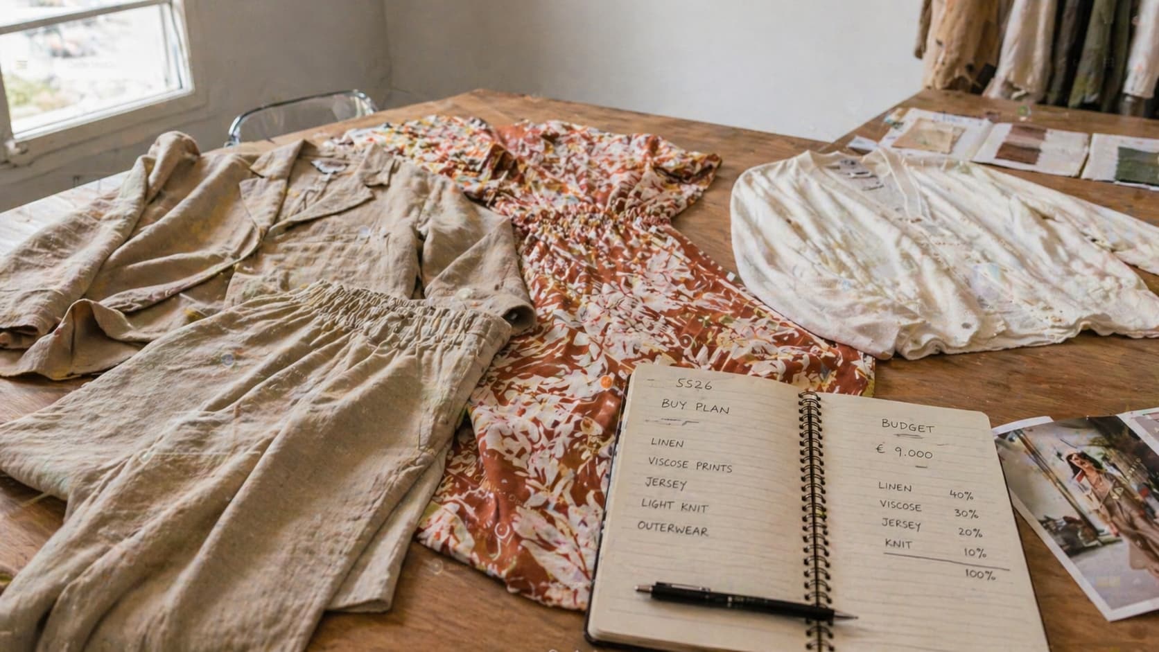 Order form with style codes and size allocations on a showroom table during an Italian fashion wholesale buying session in Prato
