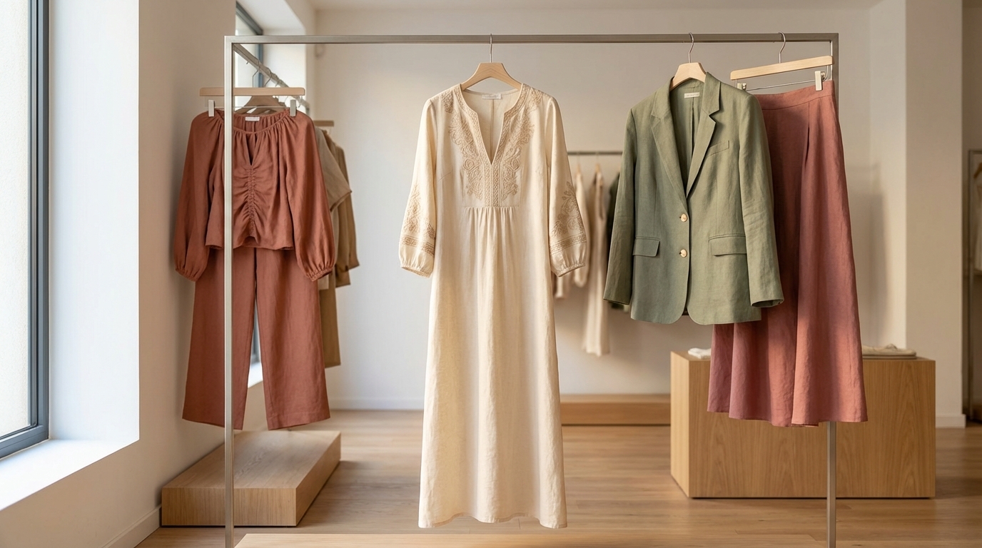 Italian linen glam casual womenswear wholesale SS26 embroidered maxi dress coordinated set and blazer on rail in Prato showroom