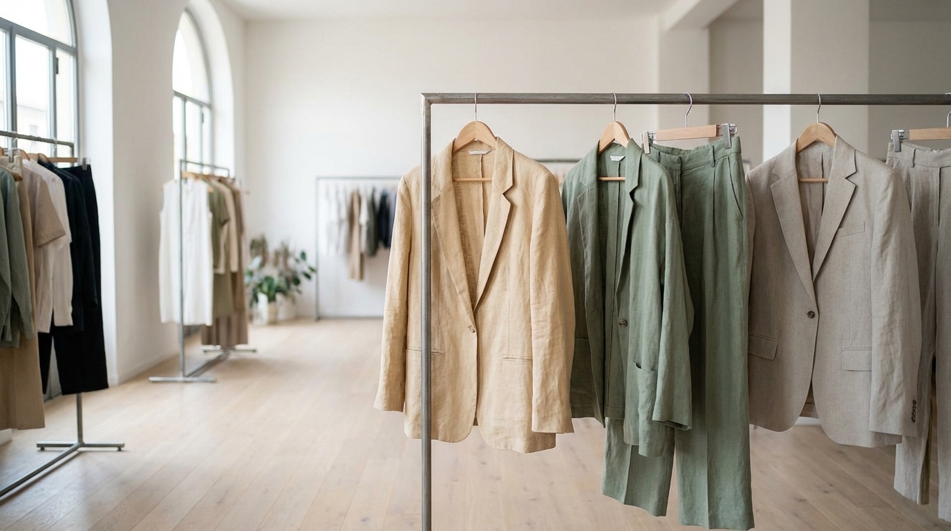 Italian linen blazers and smart casual coordinated sets SS26 on wholesale rail in Prato showroom mid-market womenswear