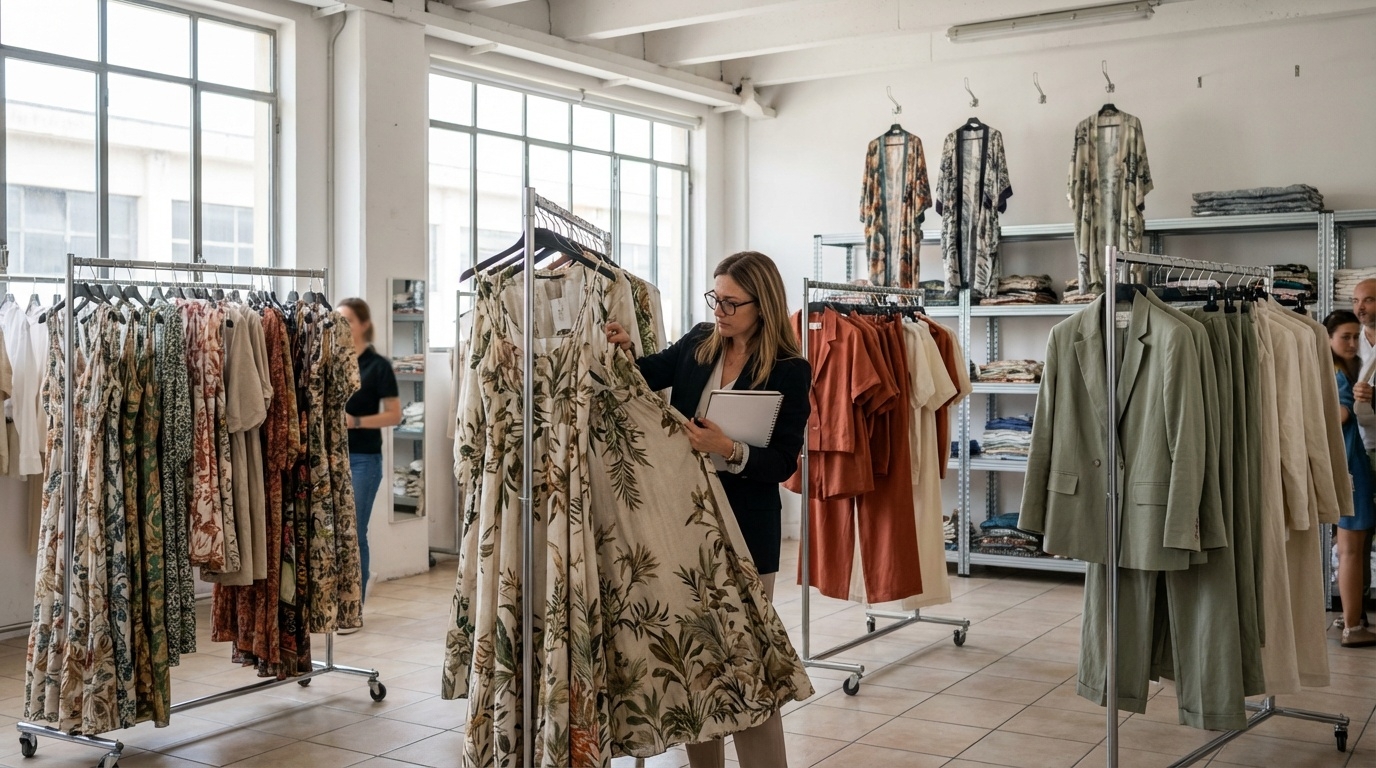 International boutique buyer examining Italian womenswear SS26 in Prato wholesale showroom multiple rails of summer categories peak season