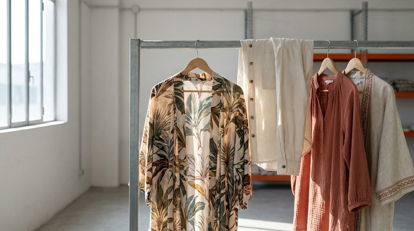 Italian summer light layers wholesale SS26 printed kimono overshirt and tunic on display in Prato pronto moda showroom