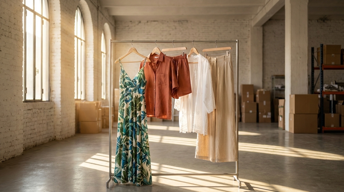 Summer resort womenswear wholesale SS26 printed dresses coord sets and kimono on clothing rail in Italian wholesale showroom Prato