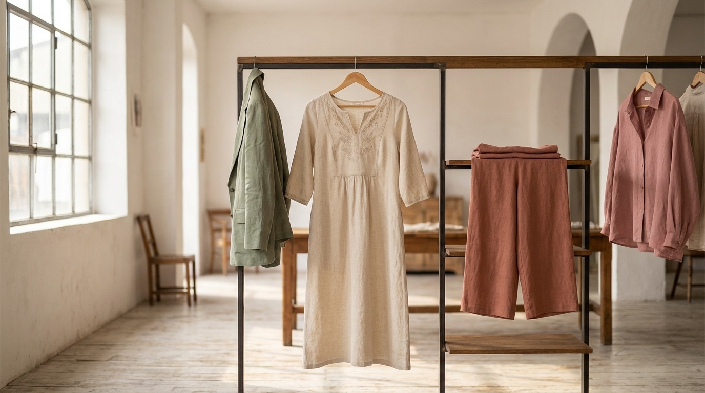 Versatile Italian linen womenswear wholesale SS26 midi dress blazer and wide-leg trousers on rail in Prato showroom multi-occasion styles