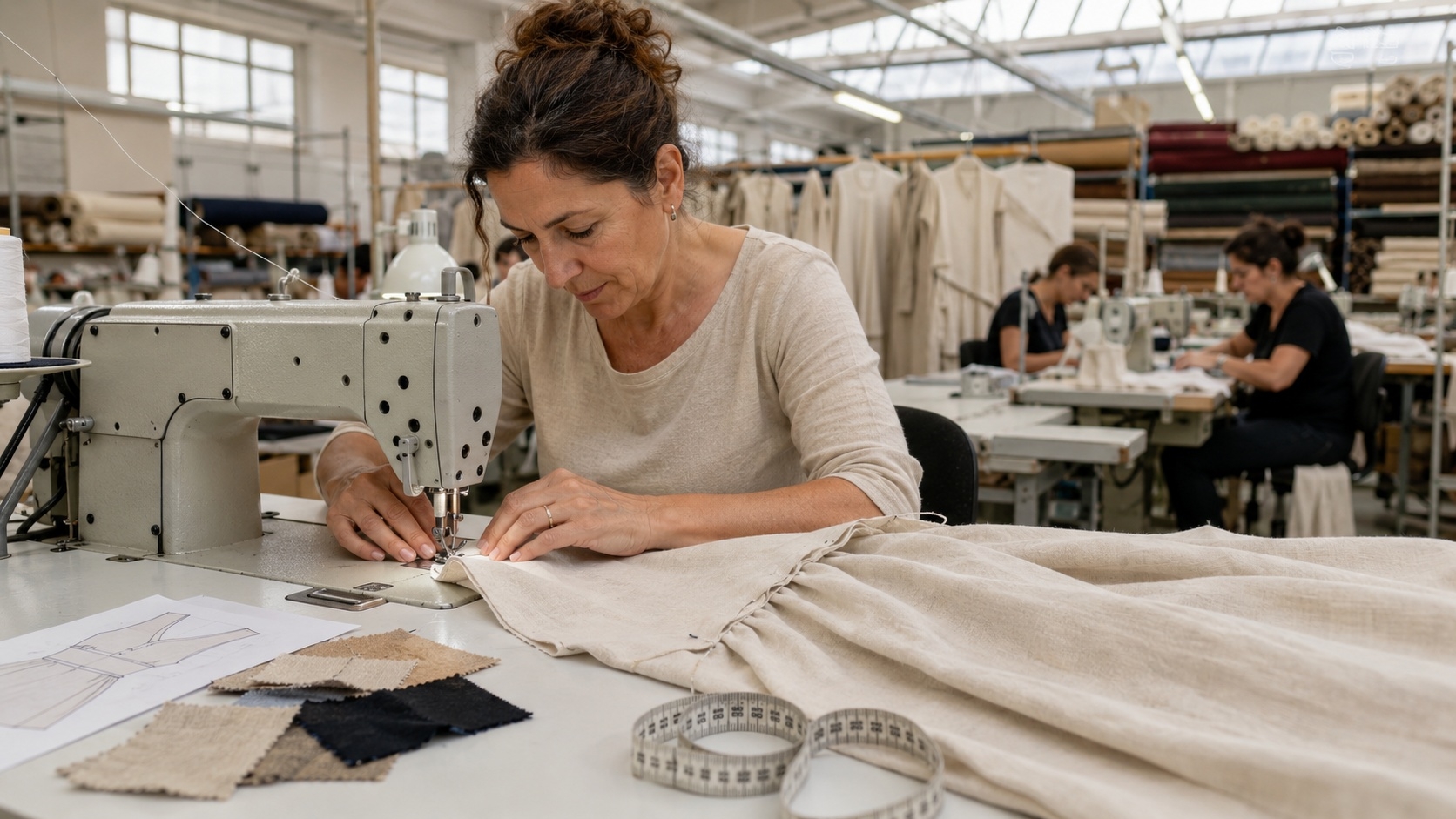 Seamstress working on a linen womenswear garment at an Italian clothing manufacturer workshop in the Prato district