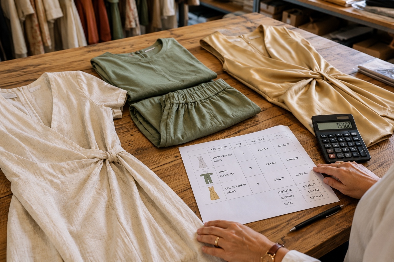 Boutique buyer reviewing Italian wholesale garments and a wholesale order sheet with euro pricing on a worktable in Prato