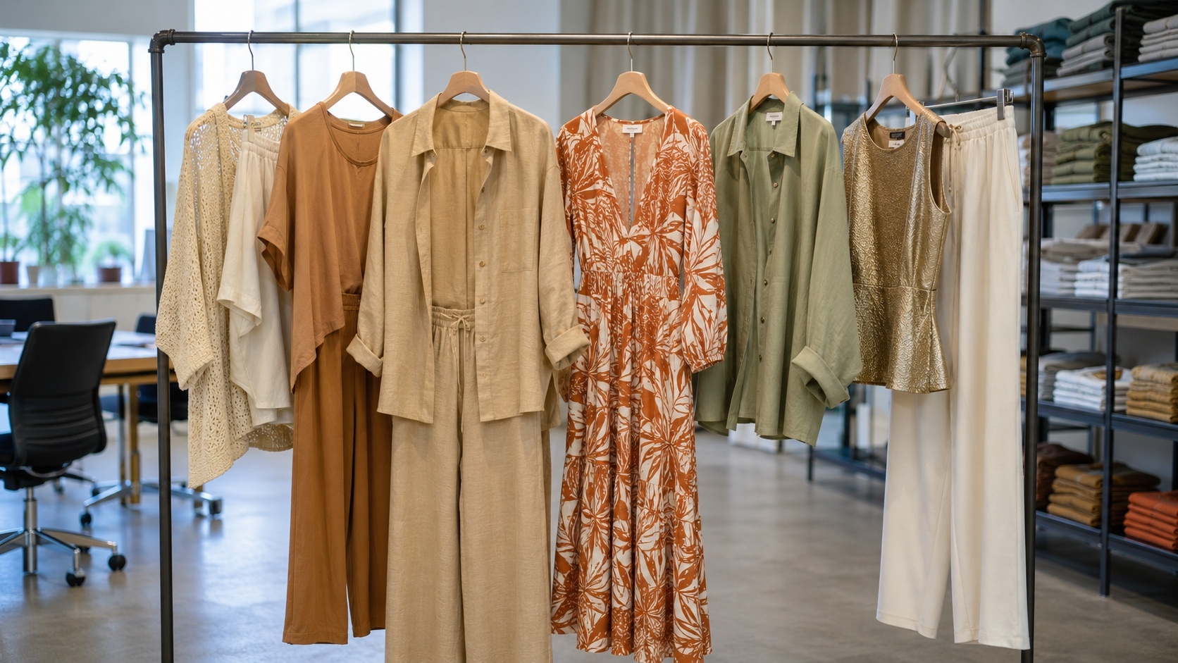 Curated selection of Italian women's fashion wholesale styles on a showroom rail in Prato including linen coords