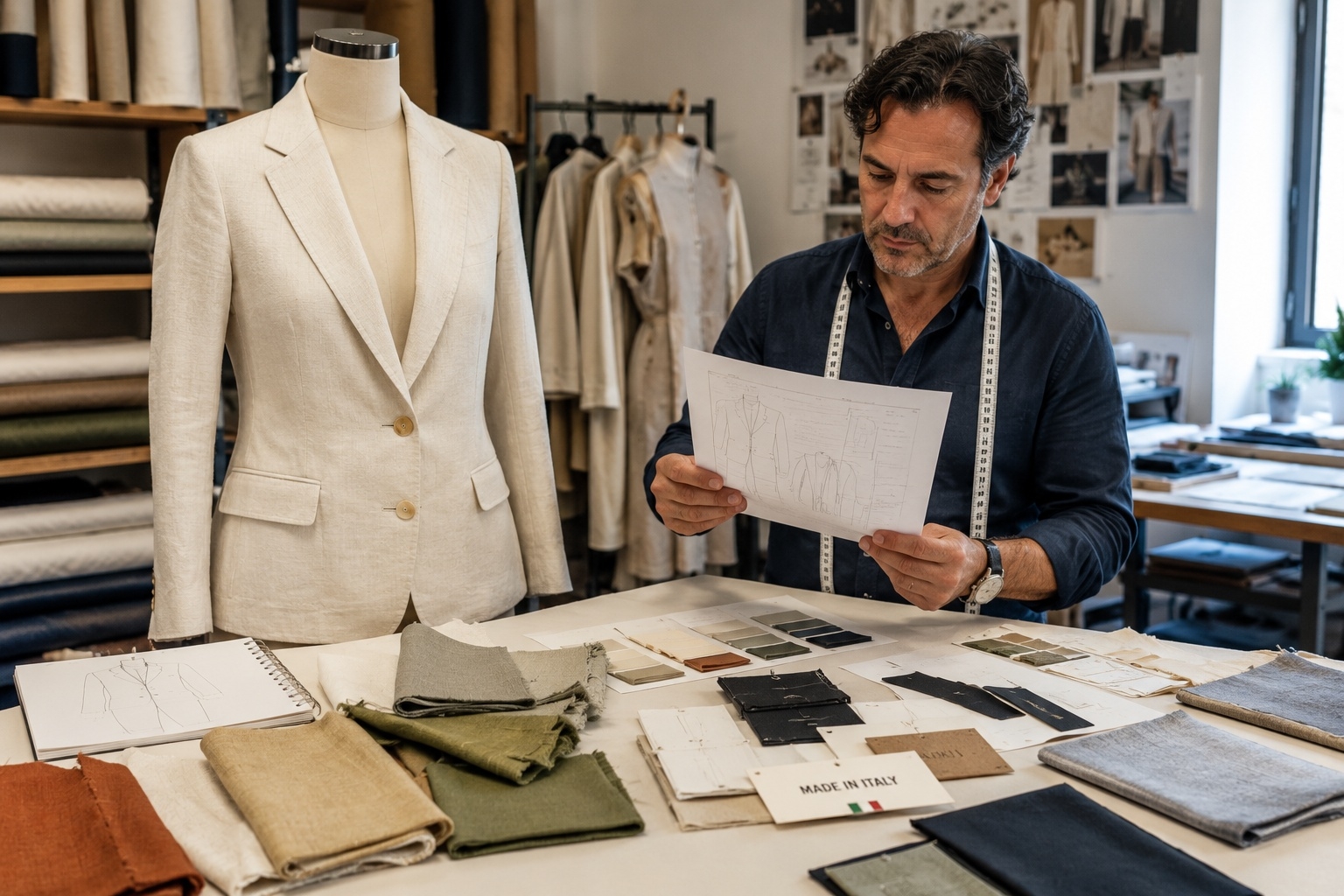 Private label production studio in Prato showing fabric swatches