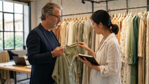 Boutique buyer and Italian wholesale showroom owner in professional discussion during a buying session in a Prato fashion district showroom