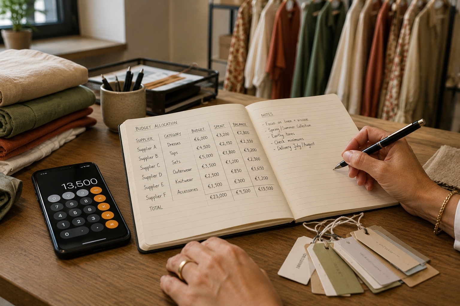 Boutique buyer planning a wholesale clothing Italy session budget with handwritten notes and a calculator at a Prato buying desk