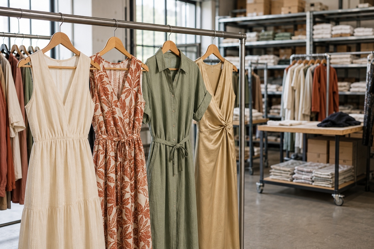 Selection of Italian wholesale dresses on a clothing rail in a Prato district showroom including linen maxi and printed midi styles