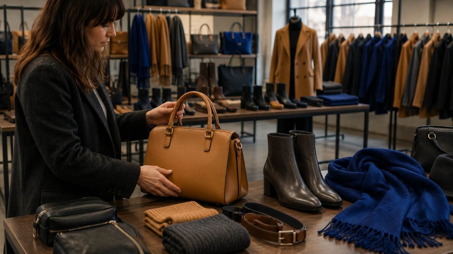 Camel leather handbag charcoal ankle boots and cobalt wool scarf displayed in a Prato showroom for AW26/27 accessories wholesale buyers