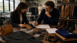 Buyer and sourcing agent reviewing an AW26/27 category planning checklist with sample garments in a Prato showroom