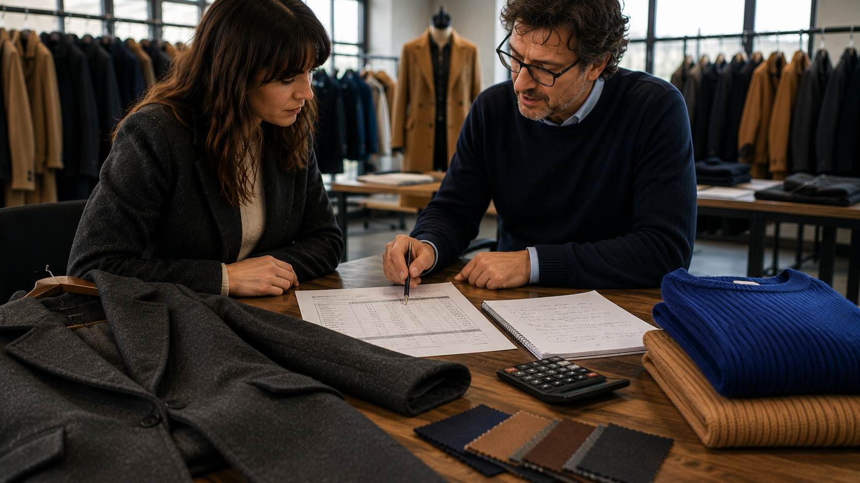 Buyer and showroom representative reviewing AW26/27 pricing and minimum order quantities in a Prato showroom office