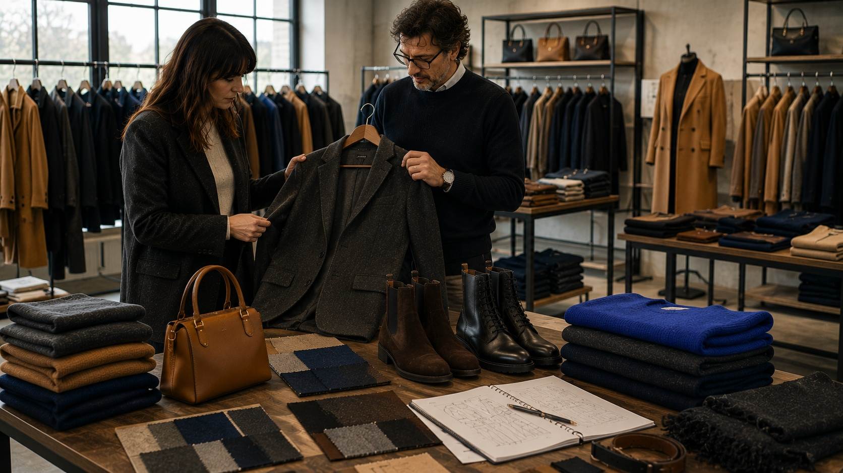 Worker weighing and packing a structured wool coat for AW26/27 italian fashion wholesale shipment with export documentation visible