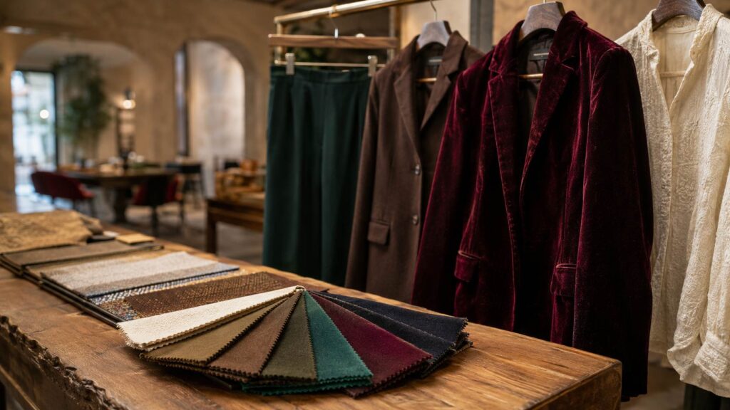 Early AW26 fabric samples and garment arrivals in deep earth and forest green tones displayed on a Prato wholesale showroom rail and table