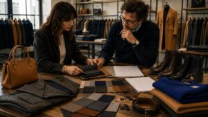 Boutique buyer comparing heavyweight wool coats and a padded jacket during a live AW26/27 sourcing session with a Prato showroom