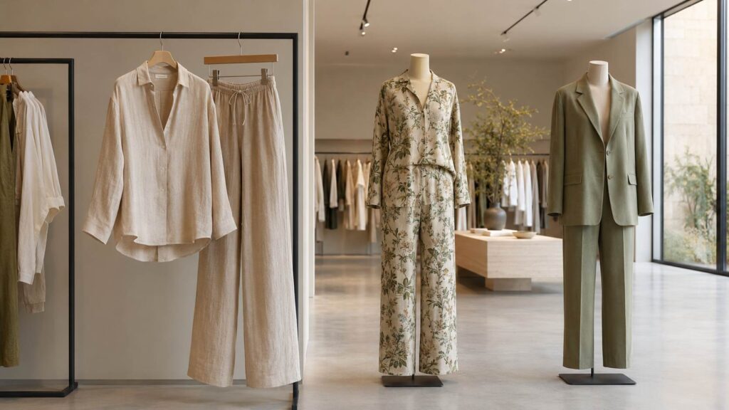 Three coord set wholesale combinations displayed as capsule outfit stories in an Italian boutique showroom including linen coordinates and botanical print matching sets