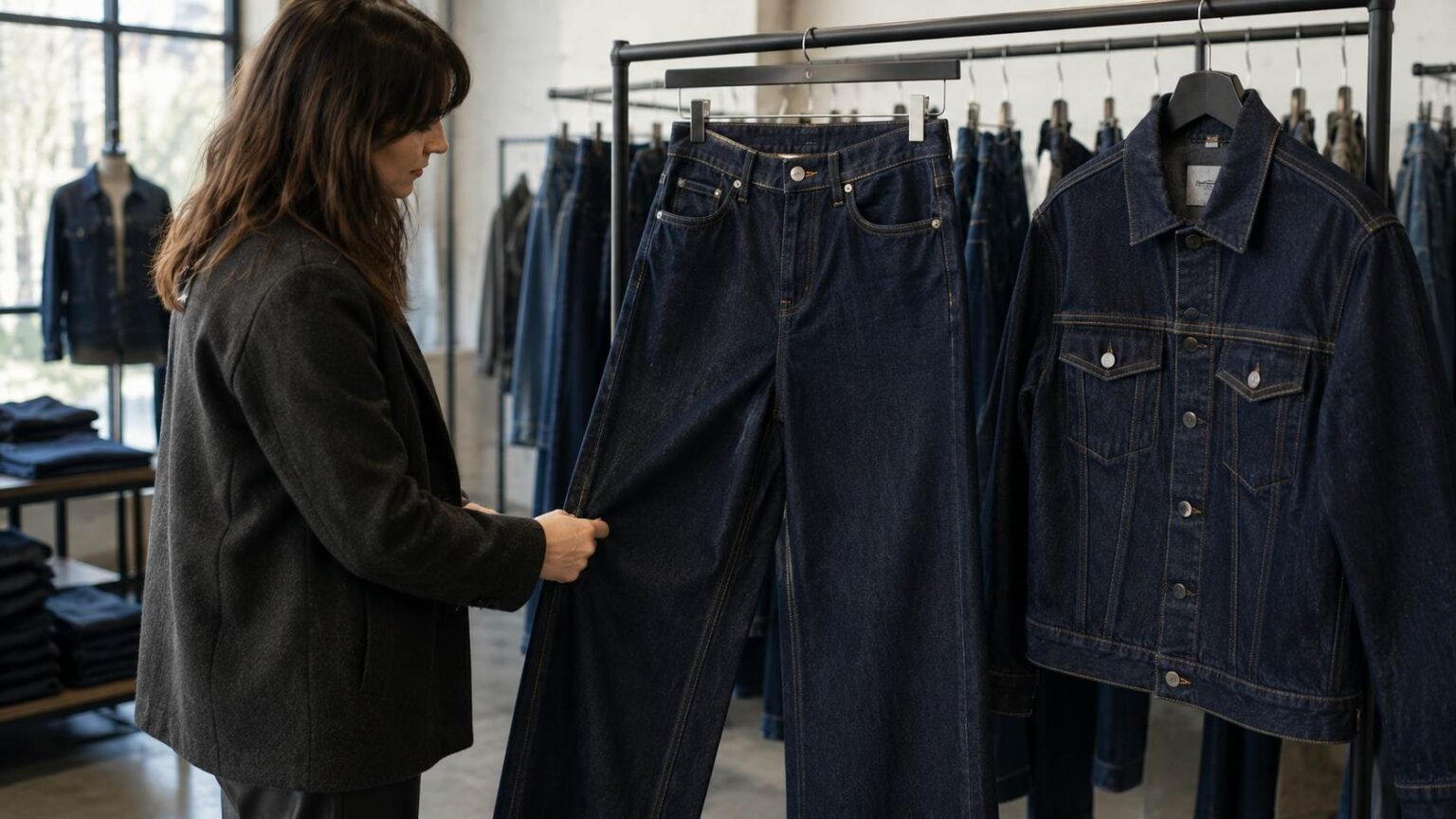 Dark indigo structured wide-leg jeans and reinforced denim jacket displayed in a Prato showroom for AW26/27 denim wholesale buyers