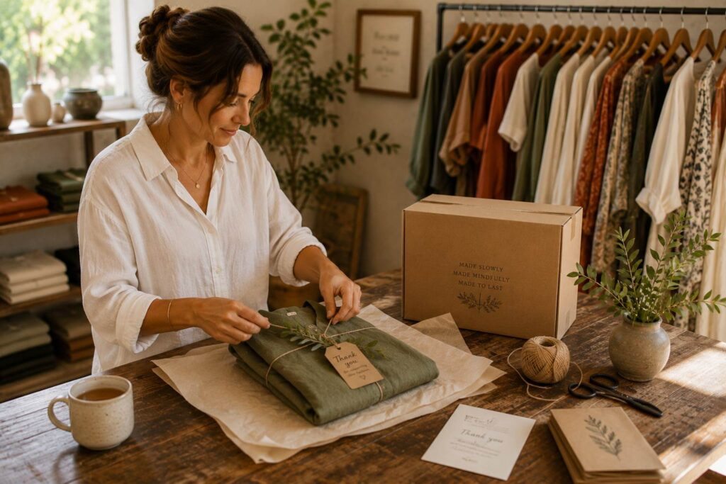 International boutique buyer participating in first AW26 Prato sourcing session via laptop video call with Italian sourcing agent showing autumn wholesale garments