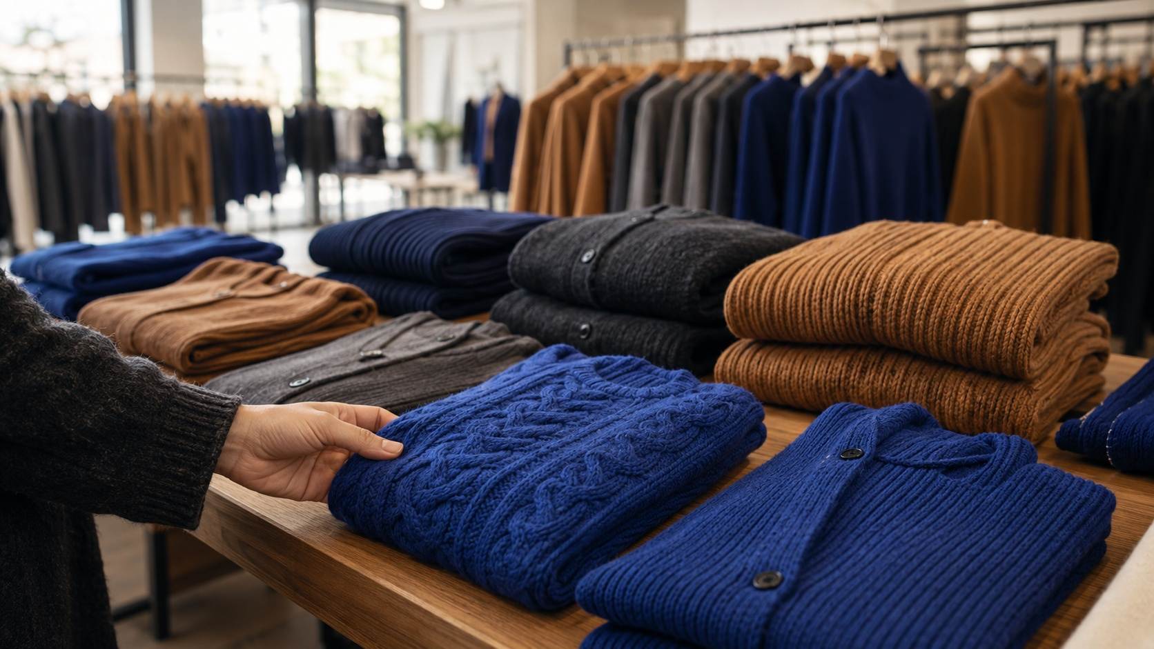 Folded sweaters and cardigans in cobalt camel and charcoal displayed in a Prato showroom for AW26/27 italian knitwear wholesale buyers