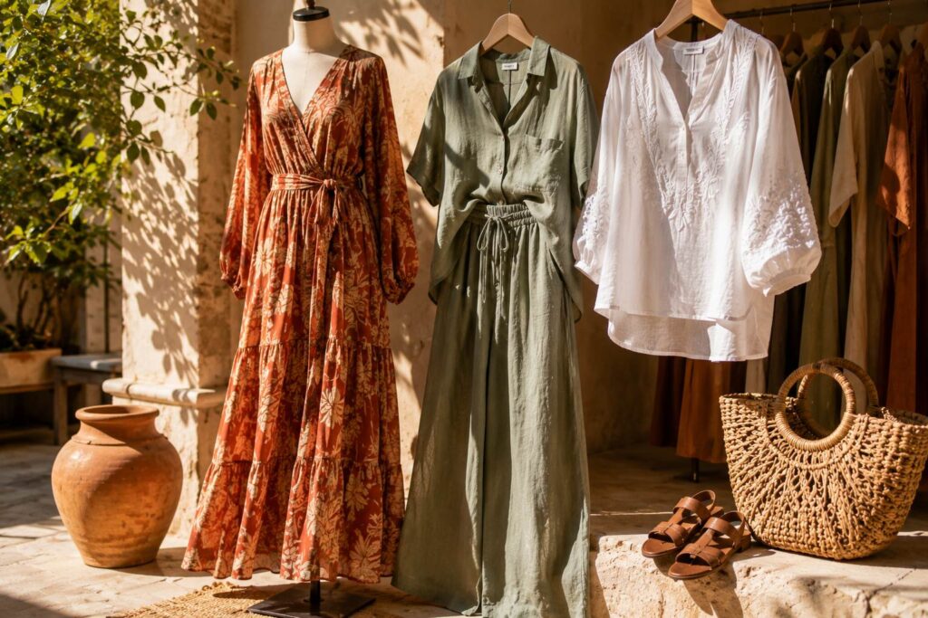 Display of Italian resortwear wholesale styles including printed linen maxi dress and resort coordinate set in Prato showroom with natural light