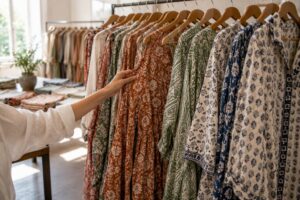 Buyer examining bold printed cotton midi dresses and overshirts on a wholesale showroom rail in Prato
