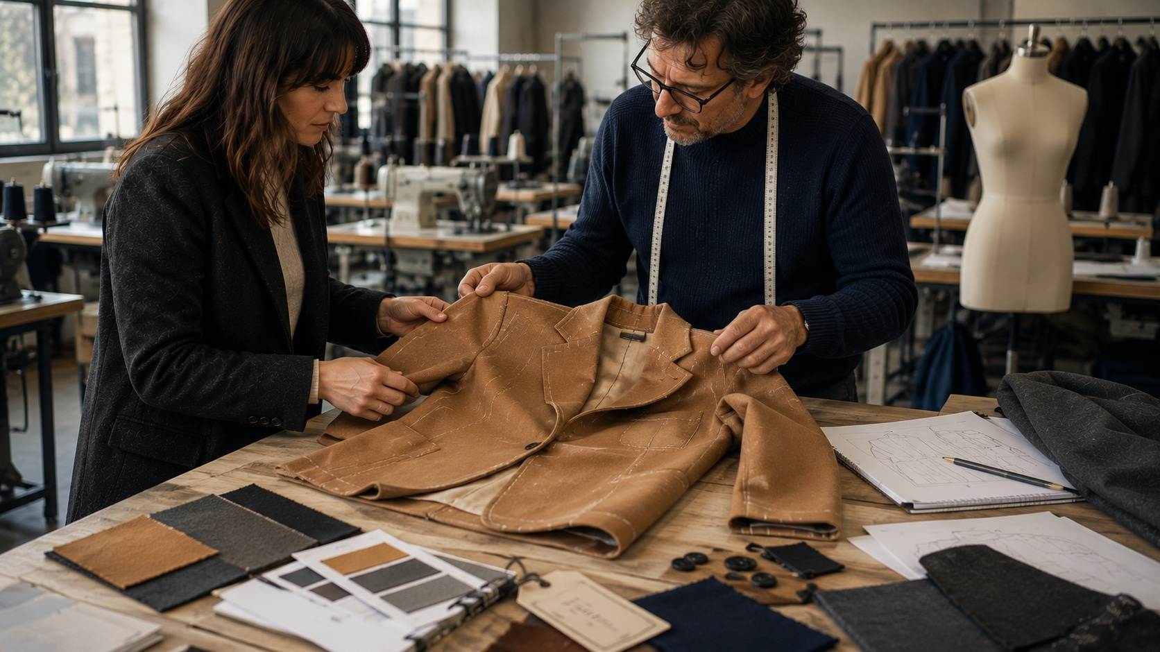 Pattern maker and brand representative reviewing an AW26/27 private label garment prototype in a Prato production workshop