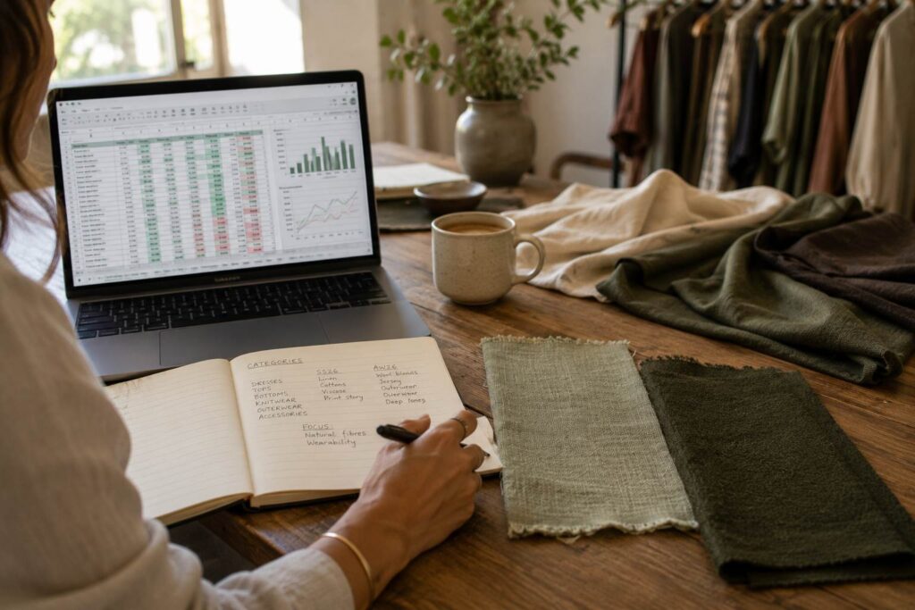 Boutique buyer at desk reviewing SS26 sell-through spreadsheet with summer and autumn fabric swatches for AW26 buying comparison