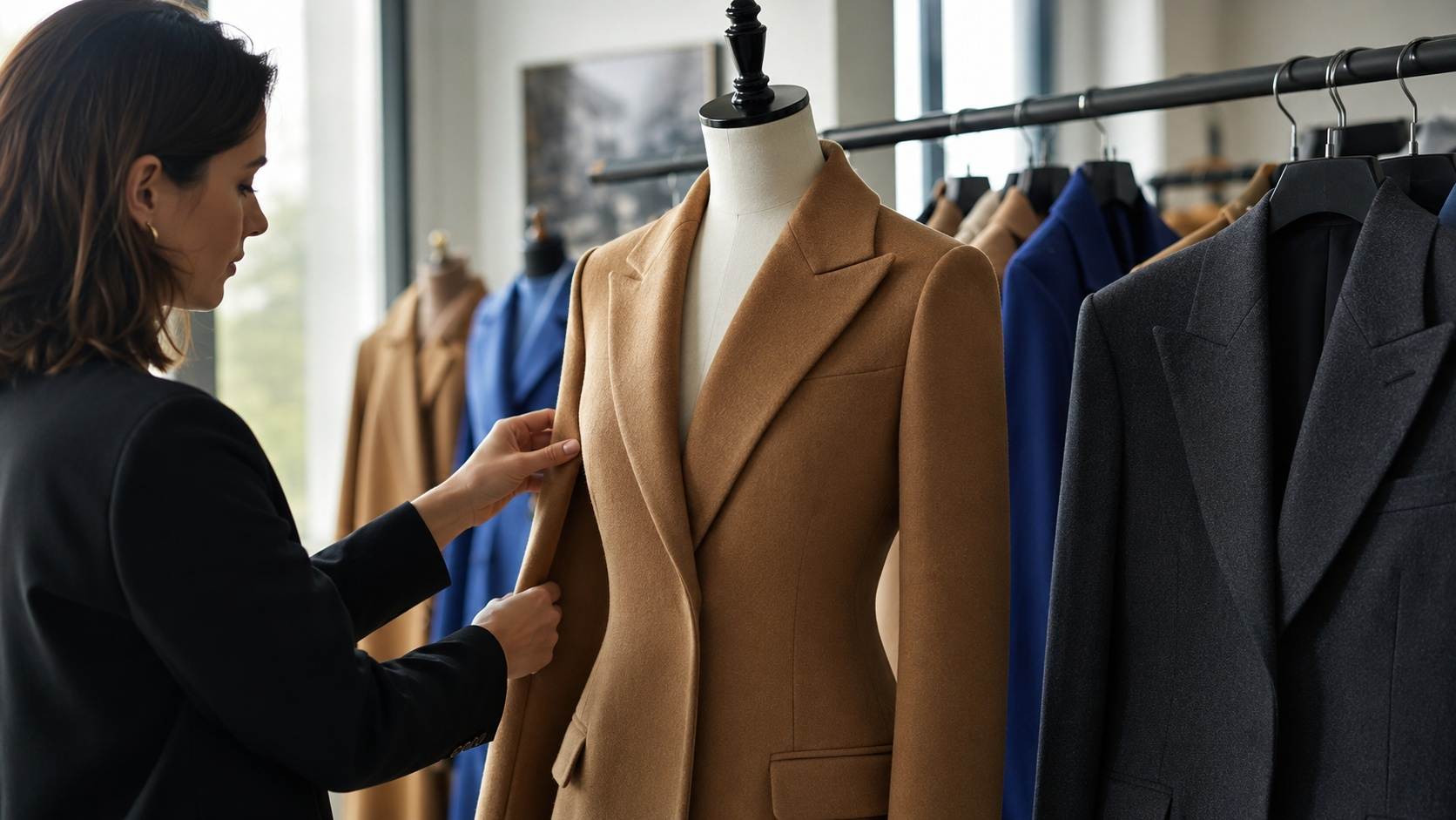 Structured camel wool coat and charcoal tailored blazer displayed in a Prato showroom for AW26/27 italian outerwear wholesale buyers