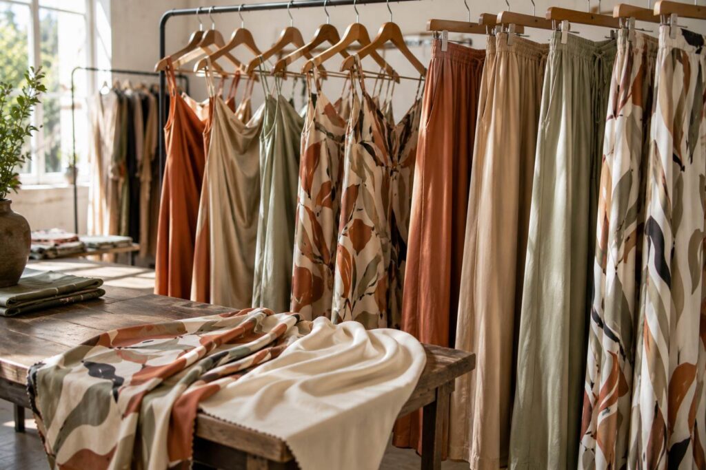 Buyer separating fluid viscose slip dresses and wide-leg trousers in terracotta and sage prints on a wholesale showroom rail in Prato Italy