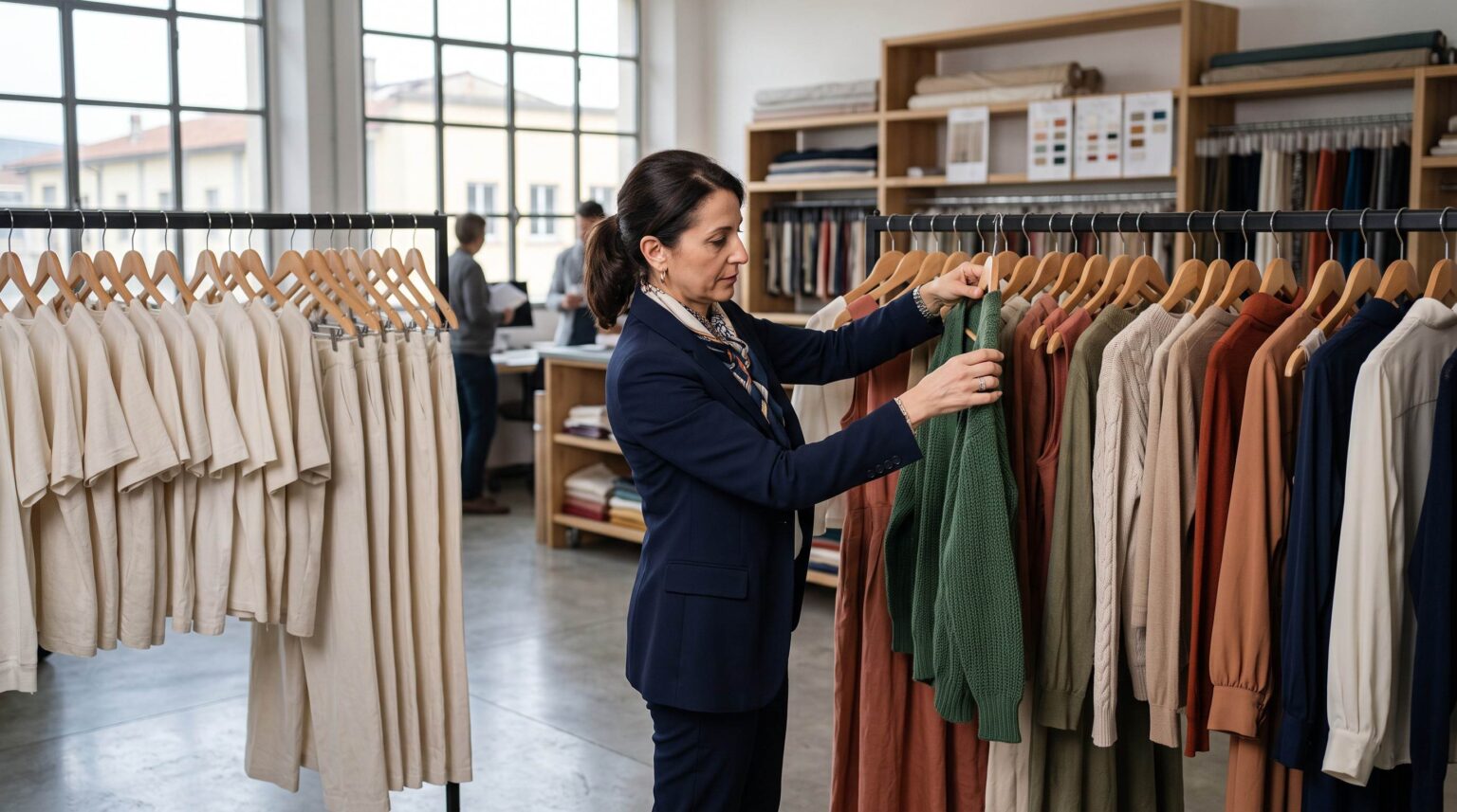 Varied multi-supplier womenswear rail beside a uniform wholesale rail showing catalog differentiation for fashion distributors in Prato