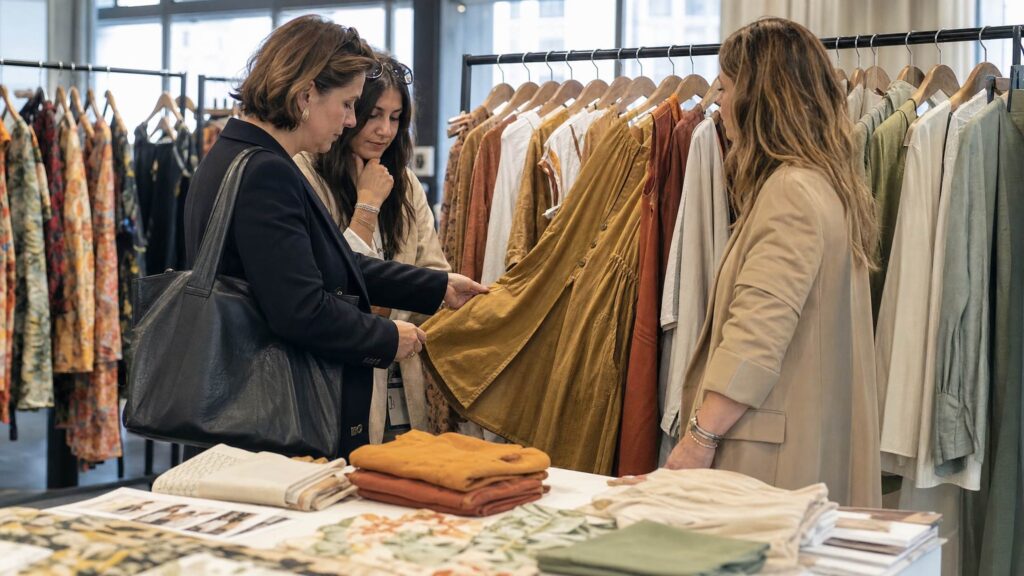 Buyer and sourcing agent inspecting garment samples during a factory visit in a Prato fashion district showroom