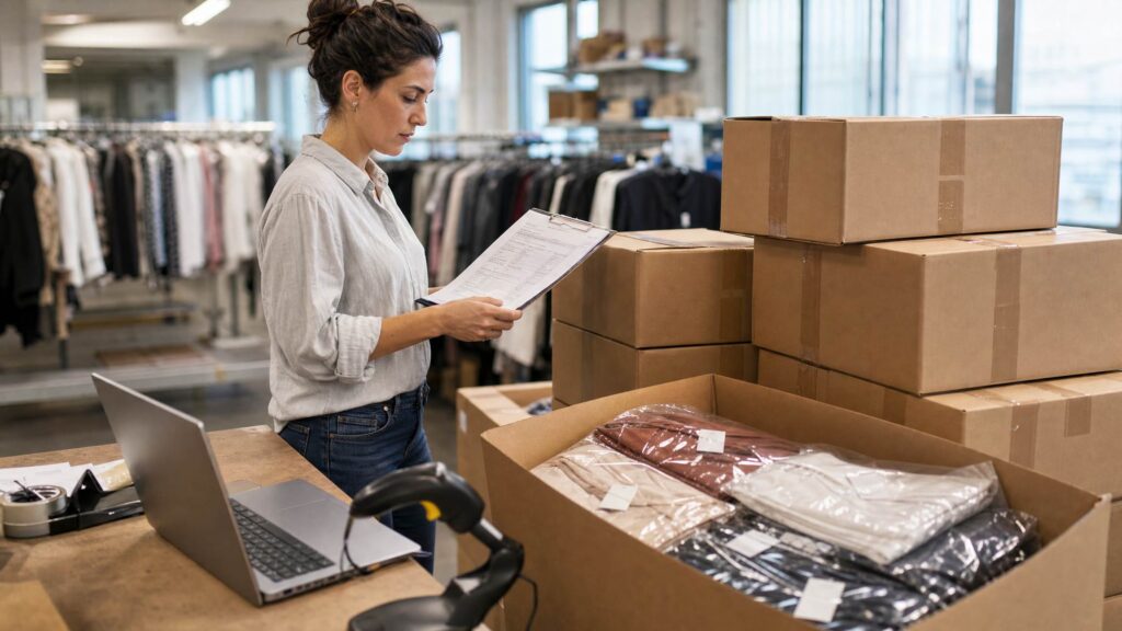 Operator checking commercial invoice and packing list beside labelled export cartons of Italian fashion wholesale garments in a Prato dispatch area