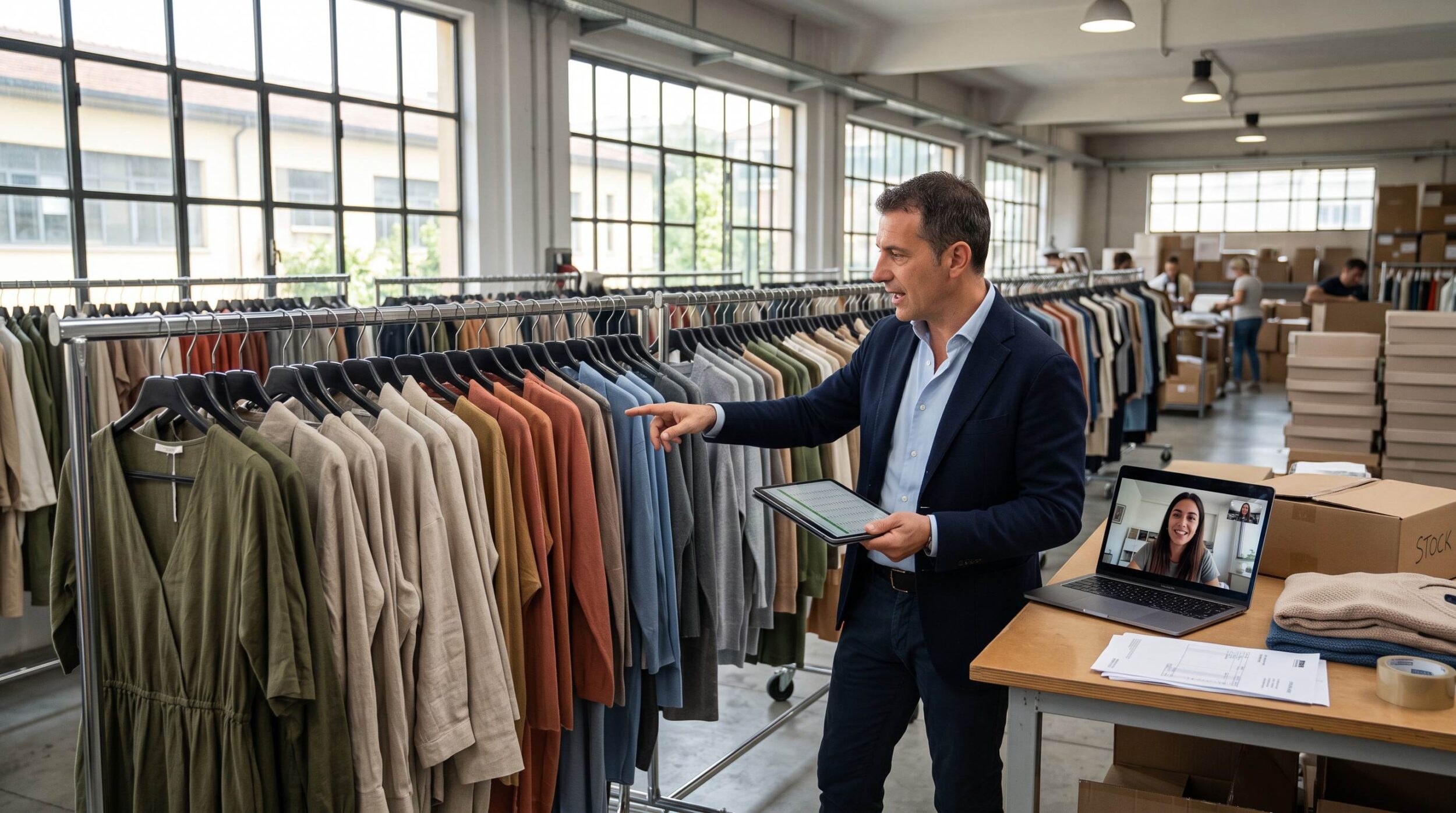Italian fashion sourcing agent checking wholesale womenswear order beside garment rails in a Prato showroom during a distributor video call