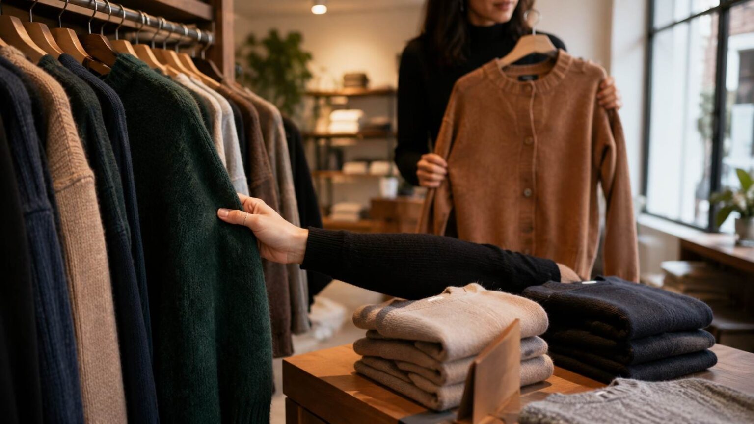 Customer touching an emerald mohair sweater on a boutique rail illustrating luxury knitwear retail pricing and merchandising