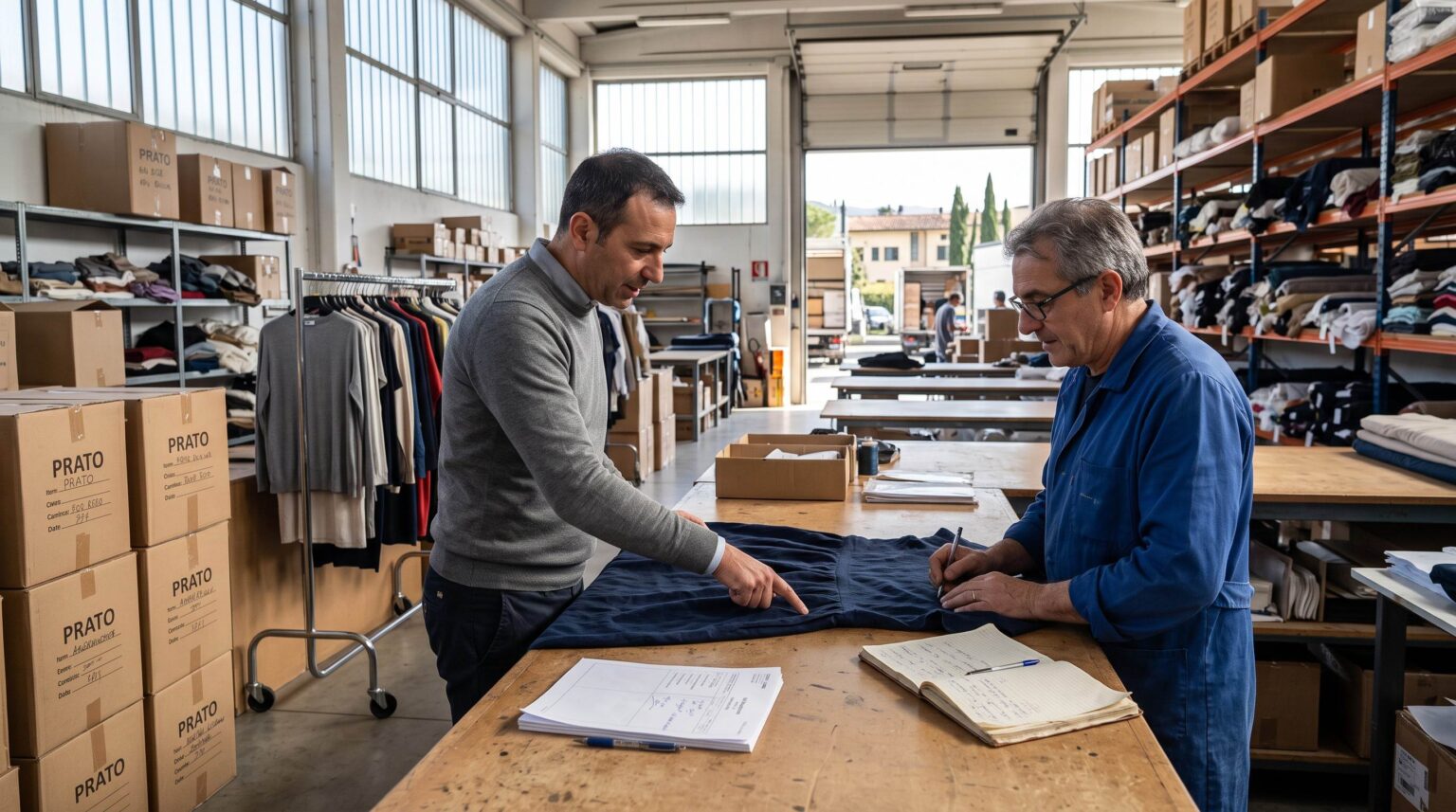Agent and Italian supplier resolving a garment defect over a delivery document illustrating supplier issues management for remote importers