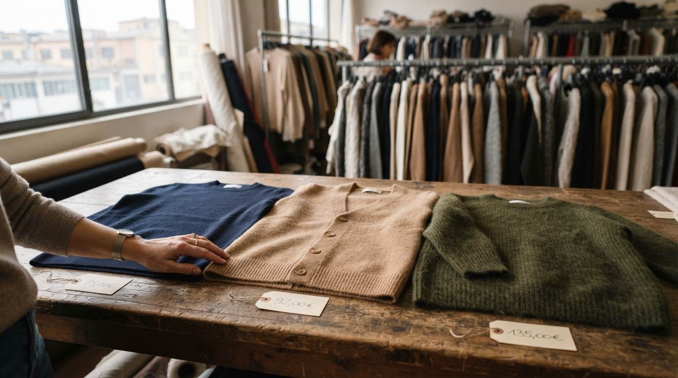 Three knit sweaters at different Prato knitwear wholesale prices compared side by side on a showroom table with tags