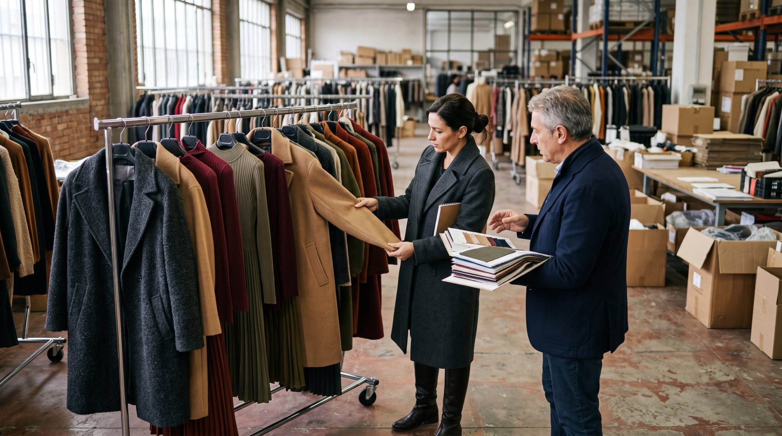 Retail buyer inspecting a wool overcoat with an Italian sourcing agent in a Prato warehouse showroom during an autumn winter wholesale Italy case study buying session
