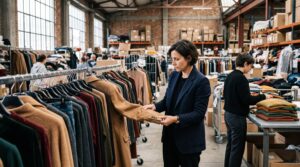 Wholesale buyer inspecting AW26/27 collections in a Prato warehouse