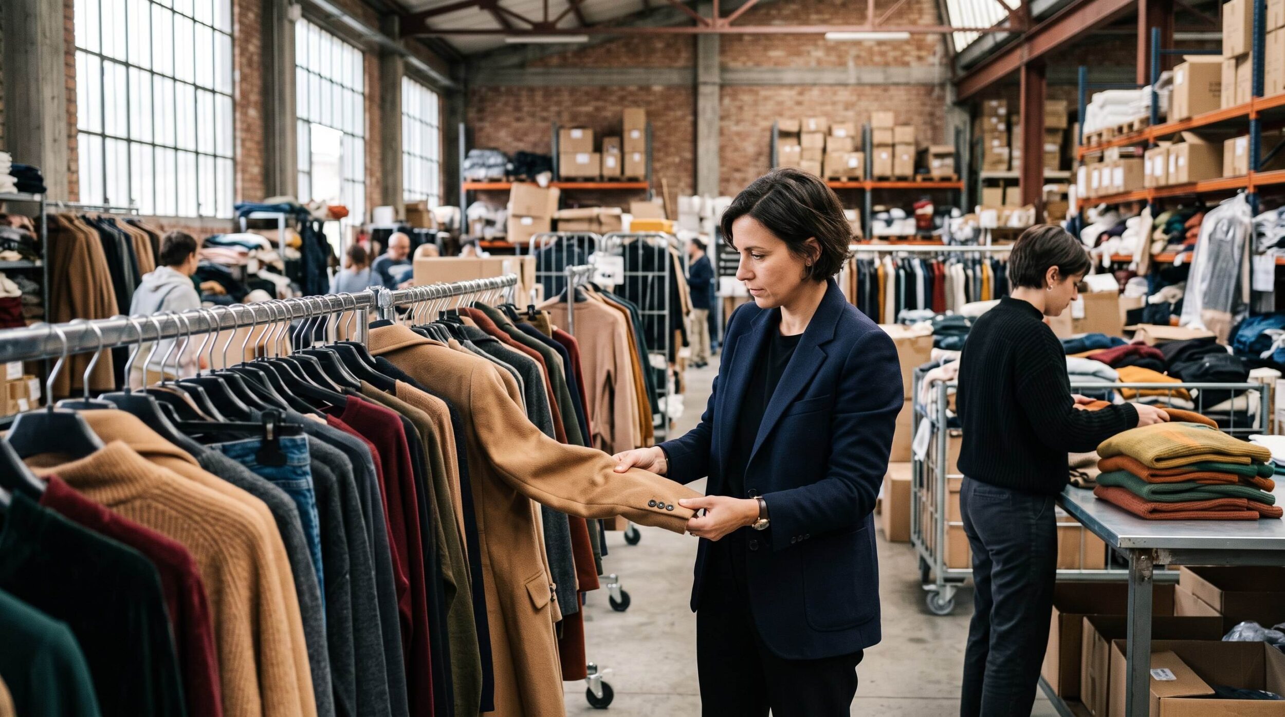 Wholesale buyer inspecting AW26/27 collections in a Prato warehouse