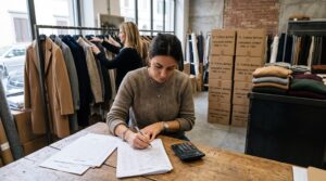 Buyer reviewing order sheets and a calculator beside a rail of coats during boutique buying budget planning in Prato