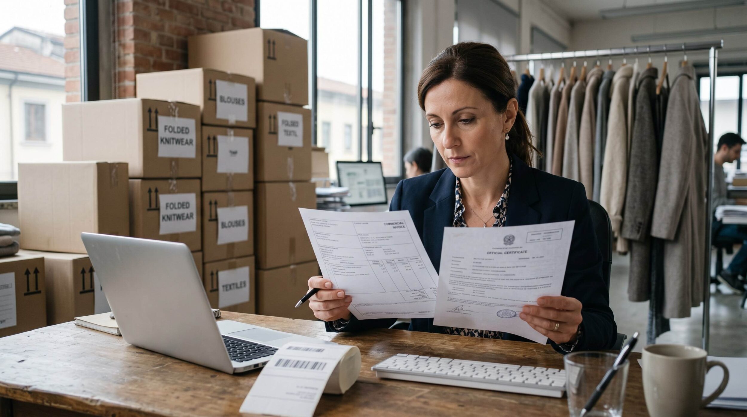 Export officer comparing a commercial invoice with a certificate of origin fashion export file beside sealed cartons of Italian wholesale garments