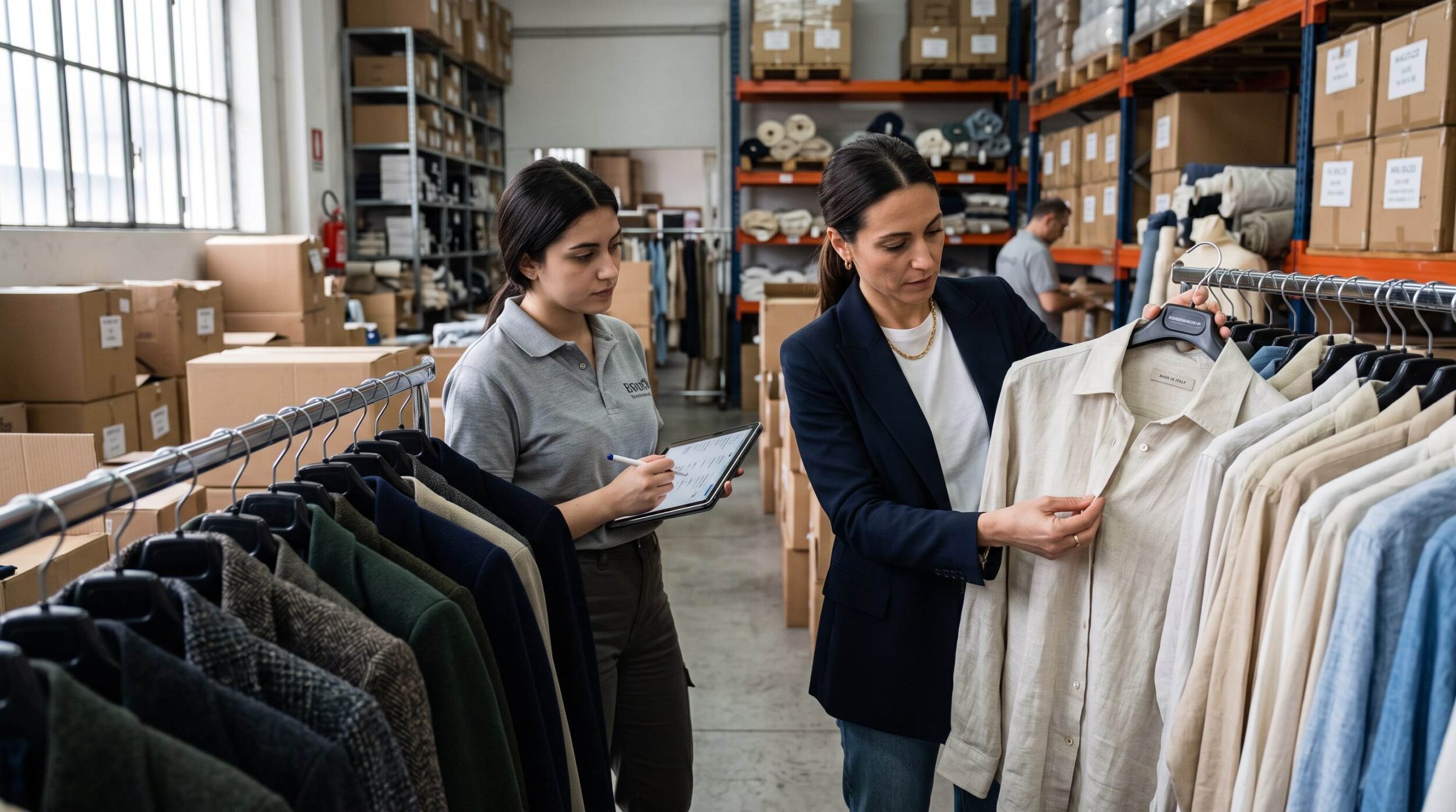 Buyer checking a linen shirt beside winter coats in a Prato warehouse during cruise collection sourcing italy for the SS27 season