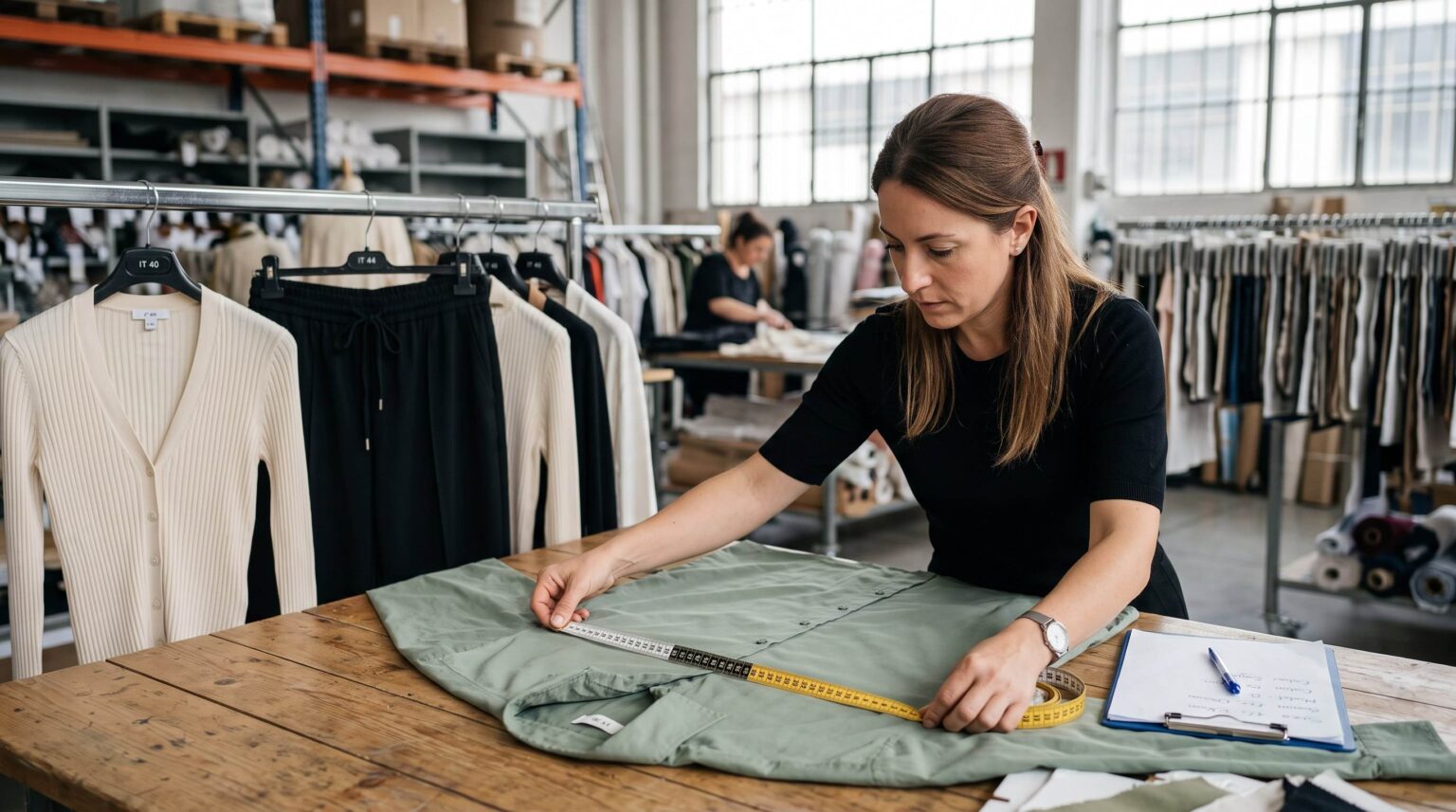 Buyer measuring a garment flat with a tape measure in a Prato showroom to check Italian clothing sizes wholesale before confirming a boutique size run order