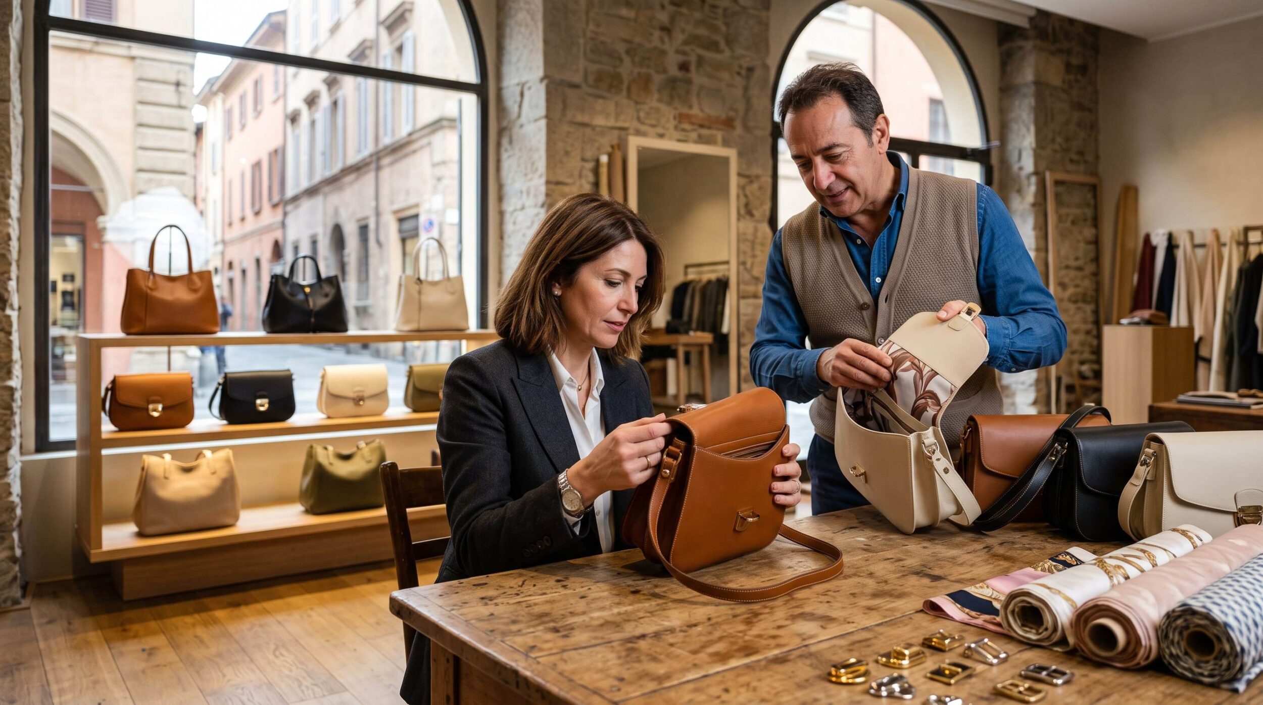 Buyer inspecting stitching on a leather shoulder bag during an italian handbags wholesale session in a Bologna district showroom