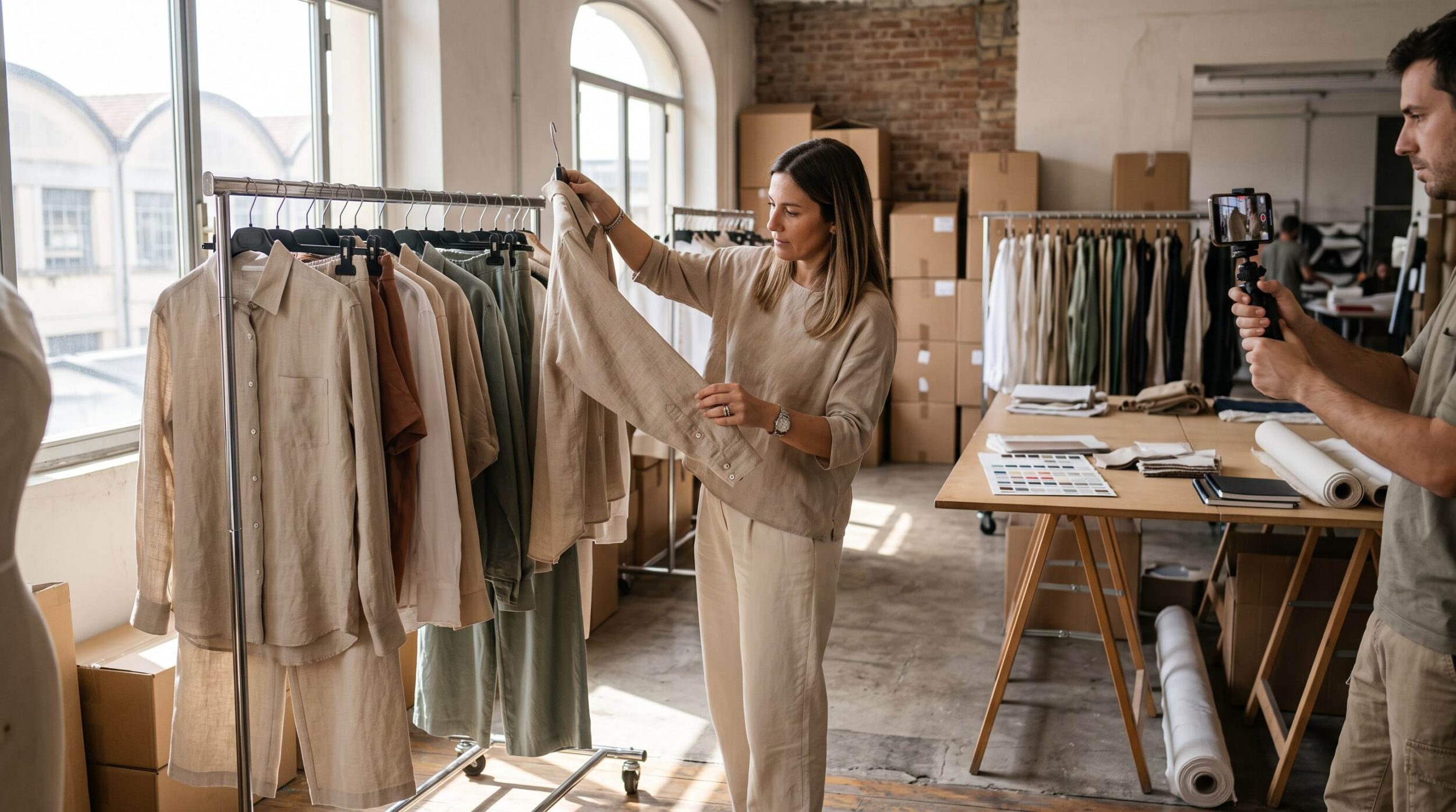 Buyer inspecting sand and chalk toned linen shirts on a rail during an Italian linen wholesale case study session inside a Prato pronto moda showroom