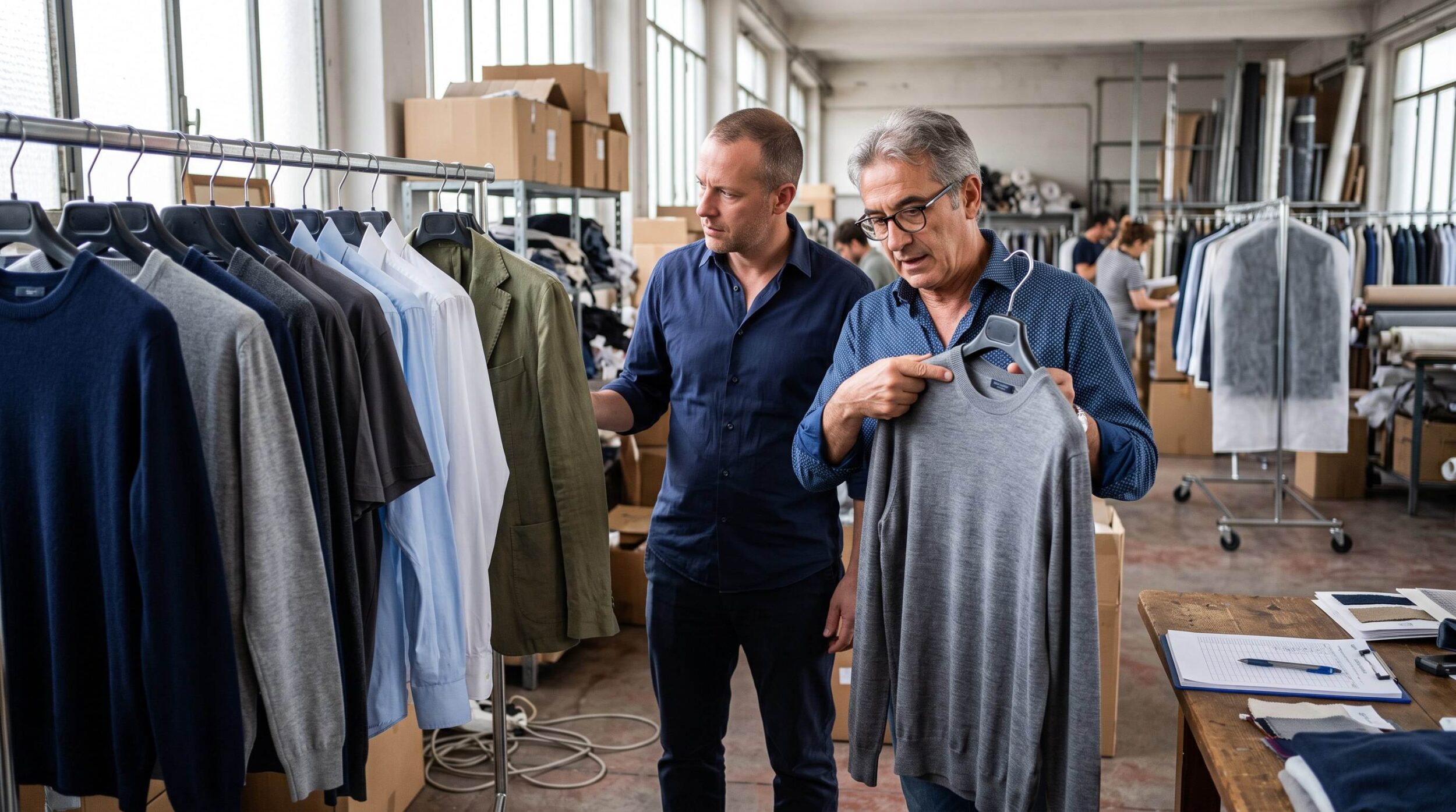 Buyer reviewing men's knitwear and shirting on a rail during an Italian menswear wholesale sourcing visit in Prato