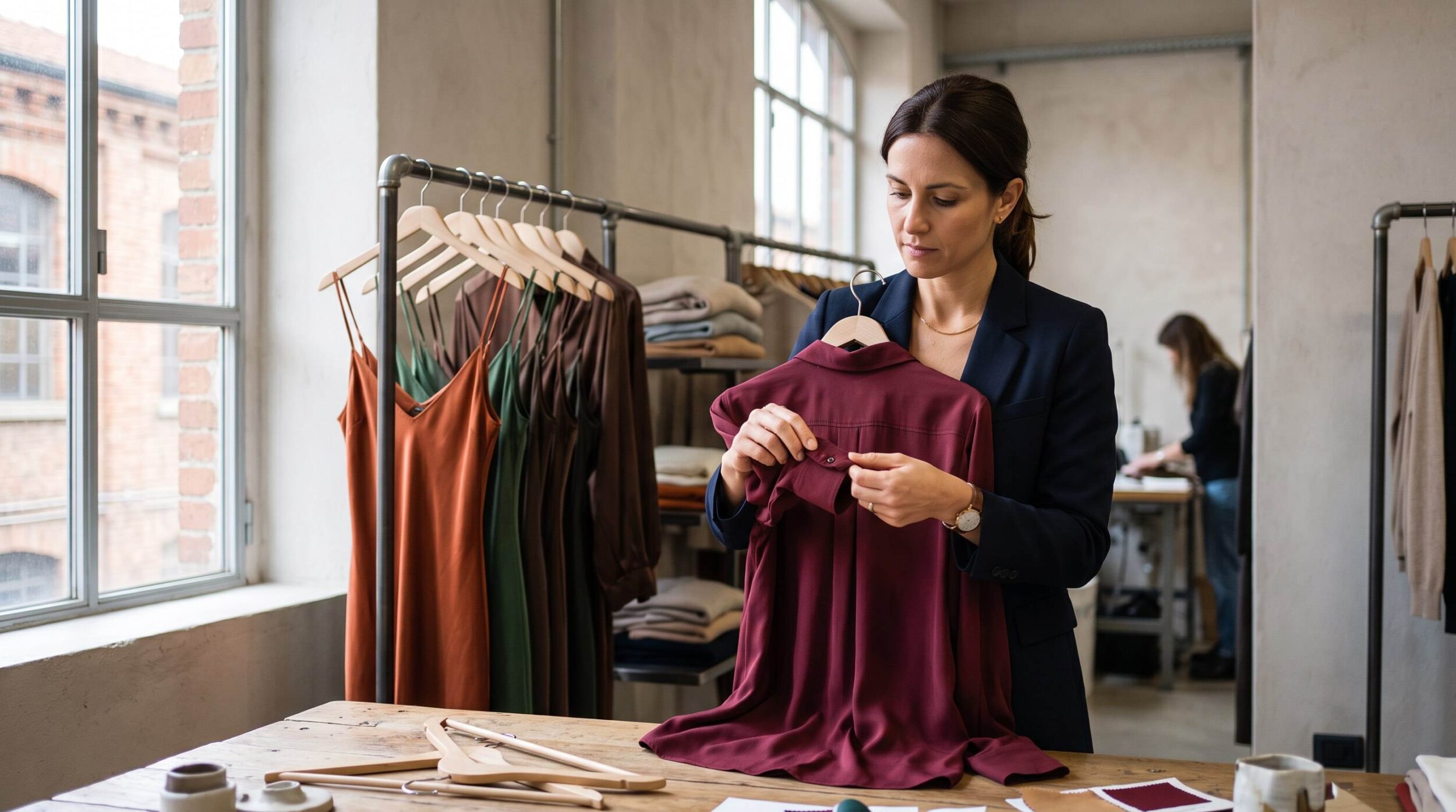 Buyer inspecting a burgundy silk blouse at an italian silk wholesale showroom in Prato