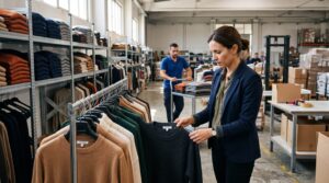 Buyer checking size labels on autumn sweaters