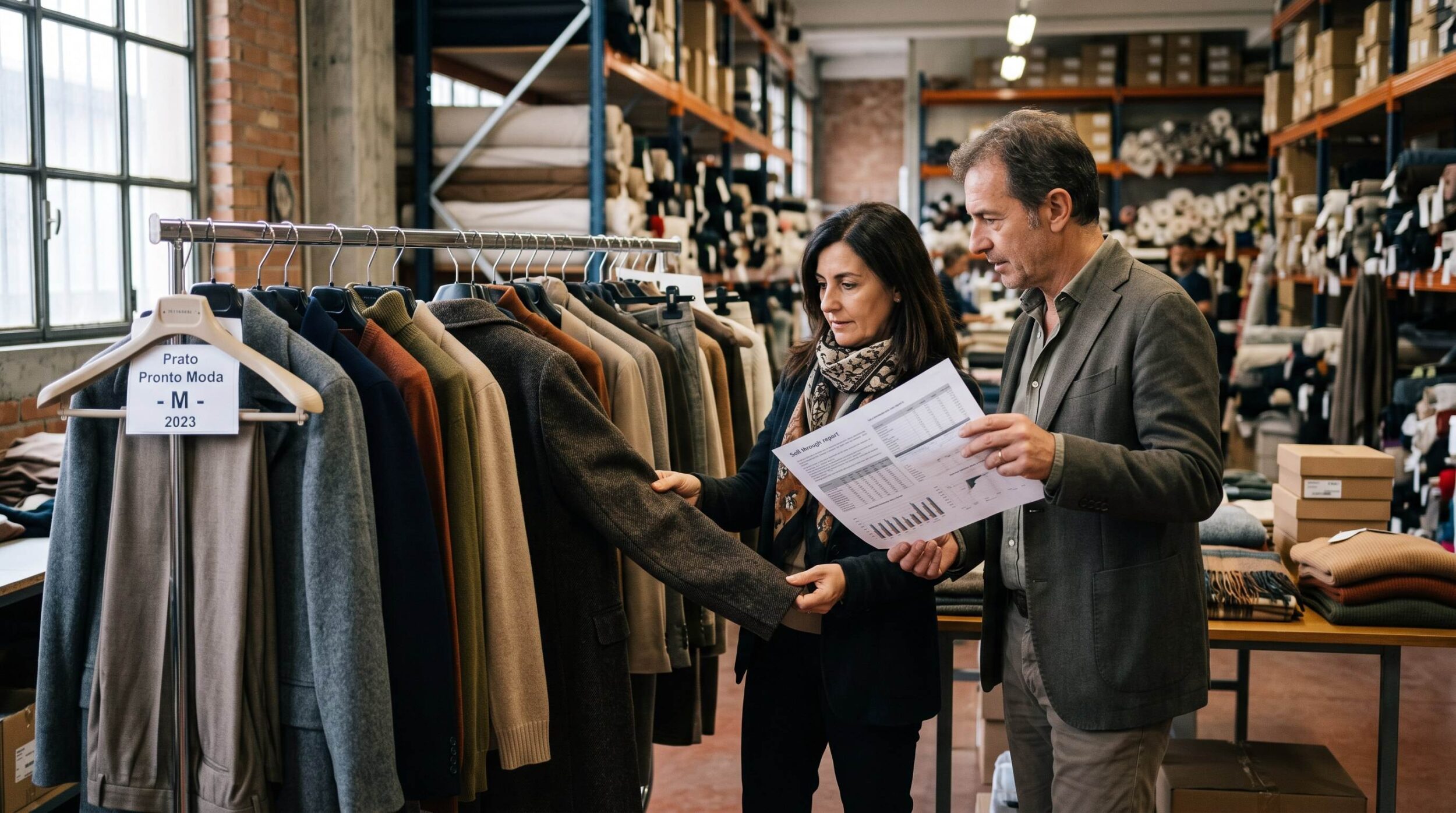 Boutique buyer and sourcing agent reviewing winter garments on a rail during late season buying AW26 in a Prato pronto moda showroom